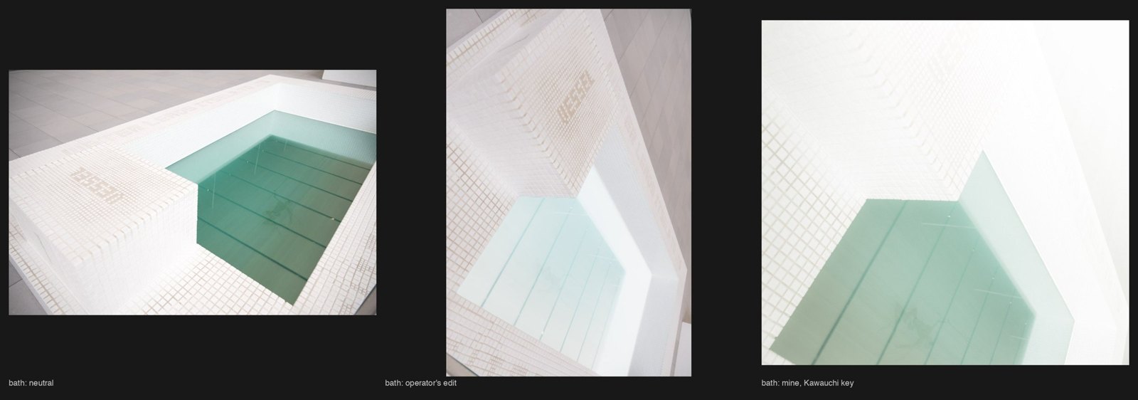 A white tiled bath, three ways: neutral, my collaborator&rsquo;s edit, a Kawauchi key.