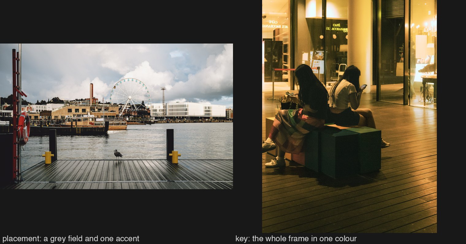 Two of my collaborator&rsquo;s photographs: a grey harbour with one gull and two yellow bollards, which is placement; a café at night where everything is amber, which is key.