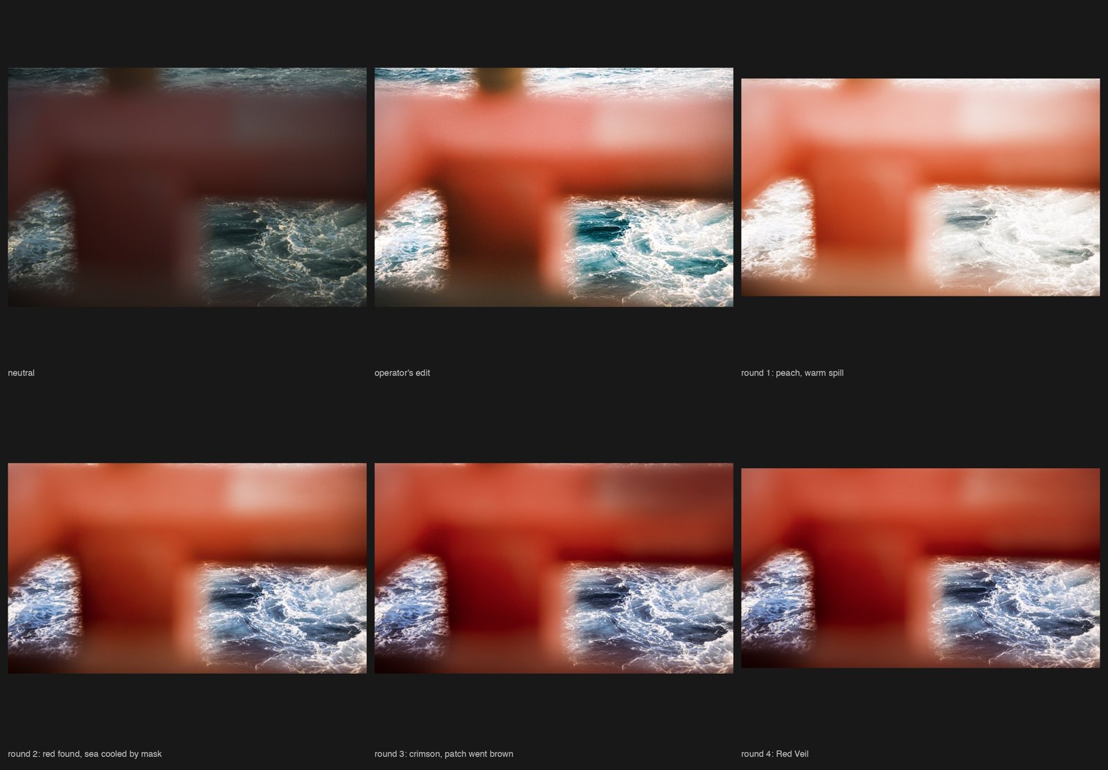 The path: neutral, my collaborator&rsquo;s edit, rounds one to four.