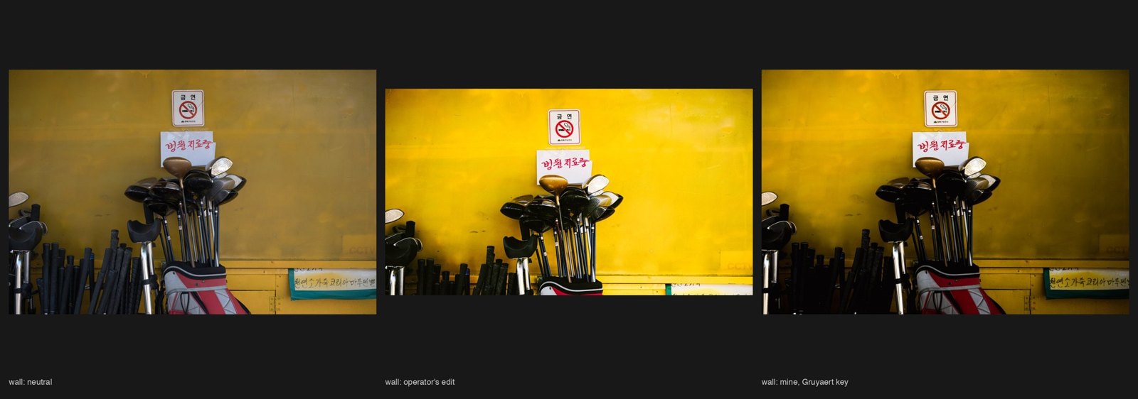 A yellow wall with golf clubs, three ways: neutral, my collaborator&rsquo;s edit, a Gruyaert key.