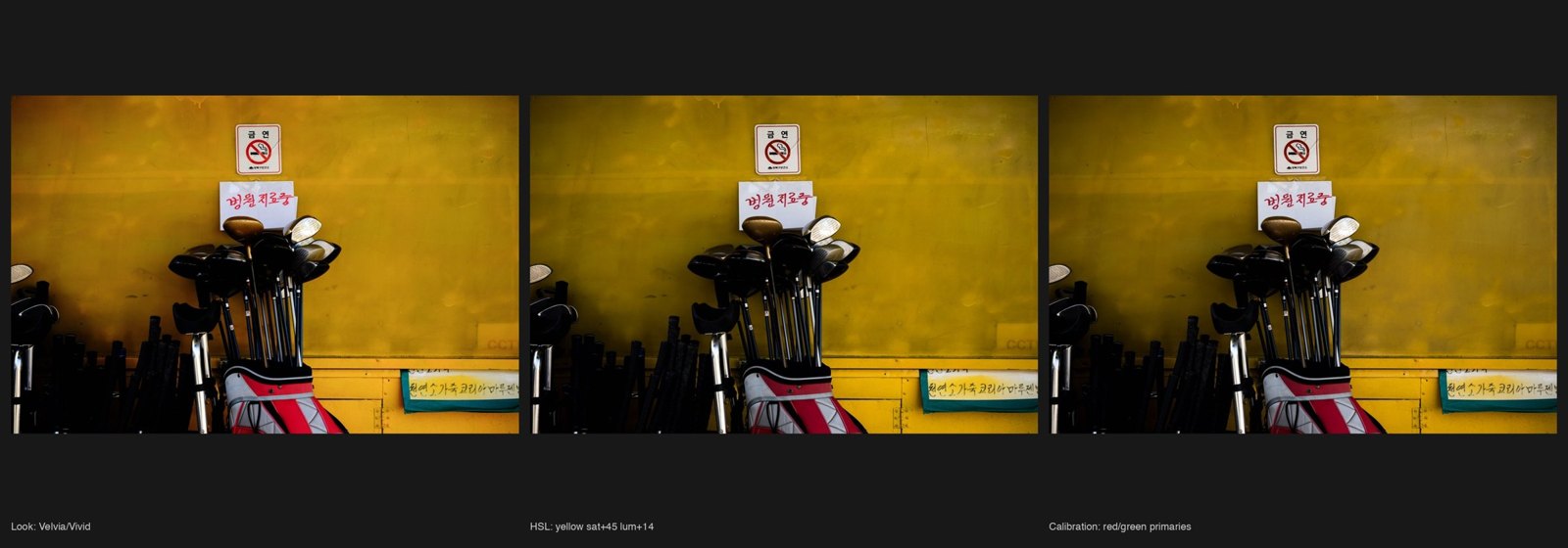 The same yellow by three routes: look, HSL, calibration.