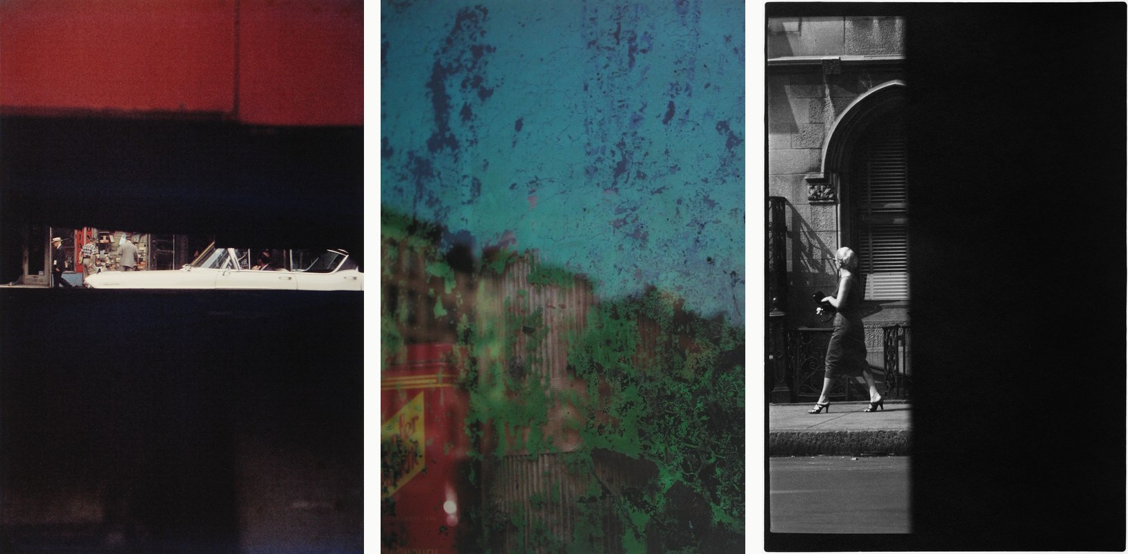 Three photographs: a red and black mass with a strip of street; a corroded teal window; a woman walking past an arched window with half the frame black.