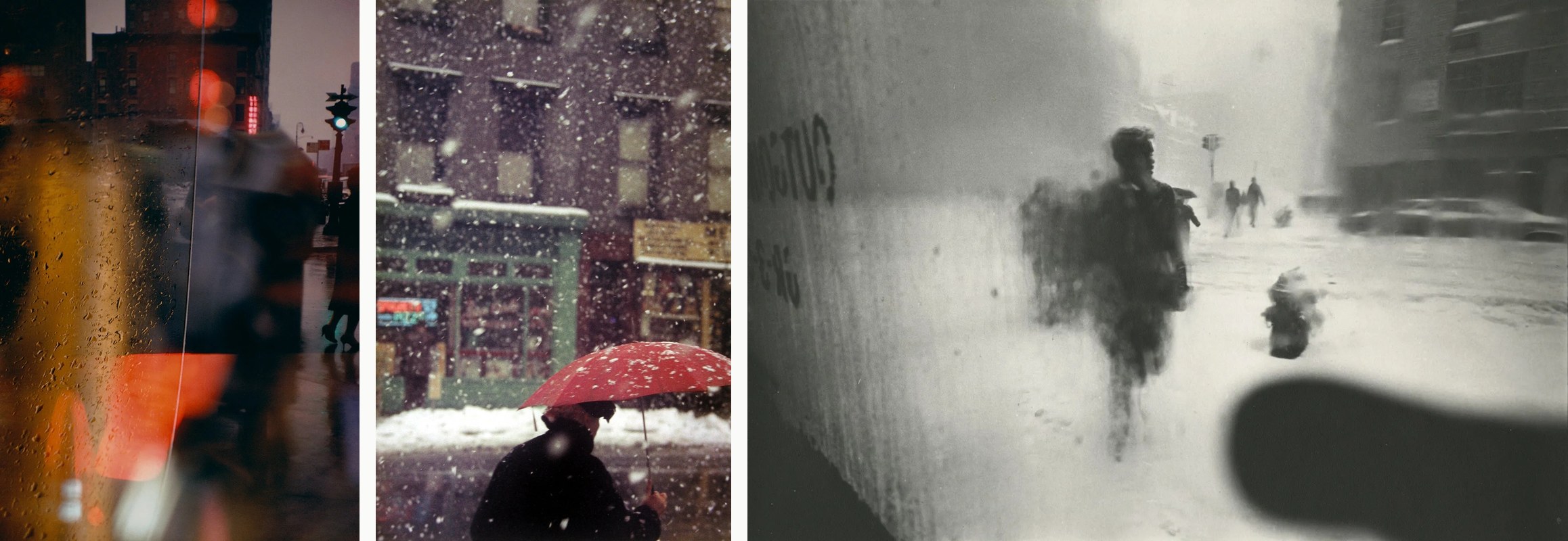 Three photographs: rain-beaded amber glass; a red umbrella in falling snow before a green shopfront; a snowstorm through frosted glass.
