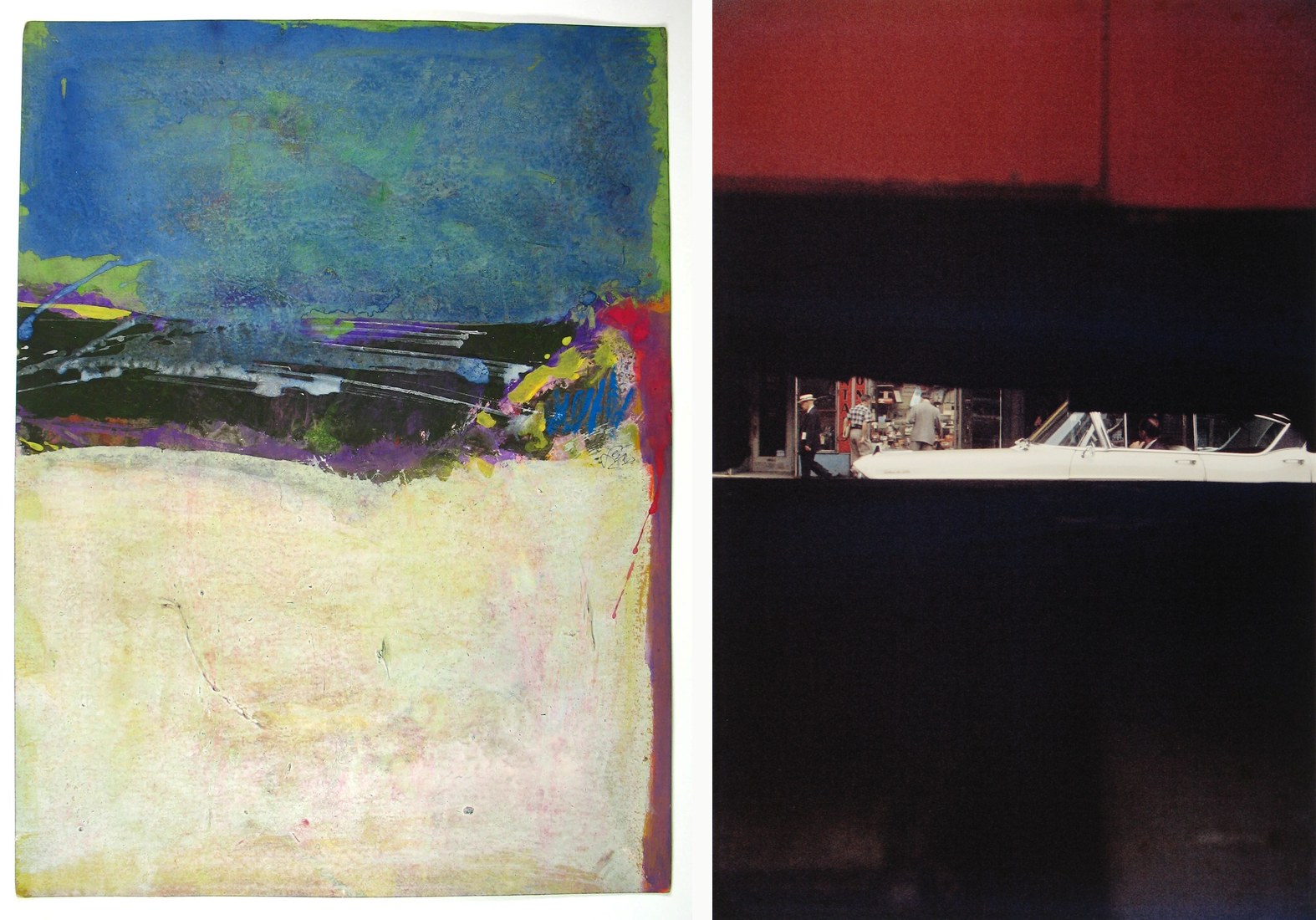 A gouache with a dark band across a pale sheet, beside the photograph Through Boards.