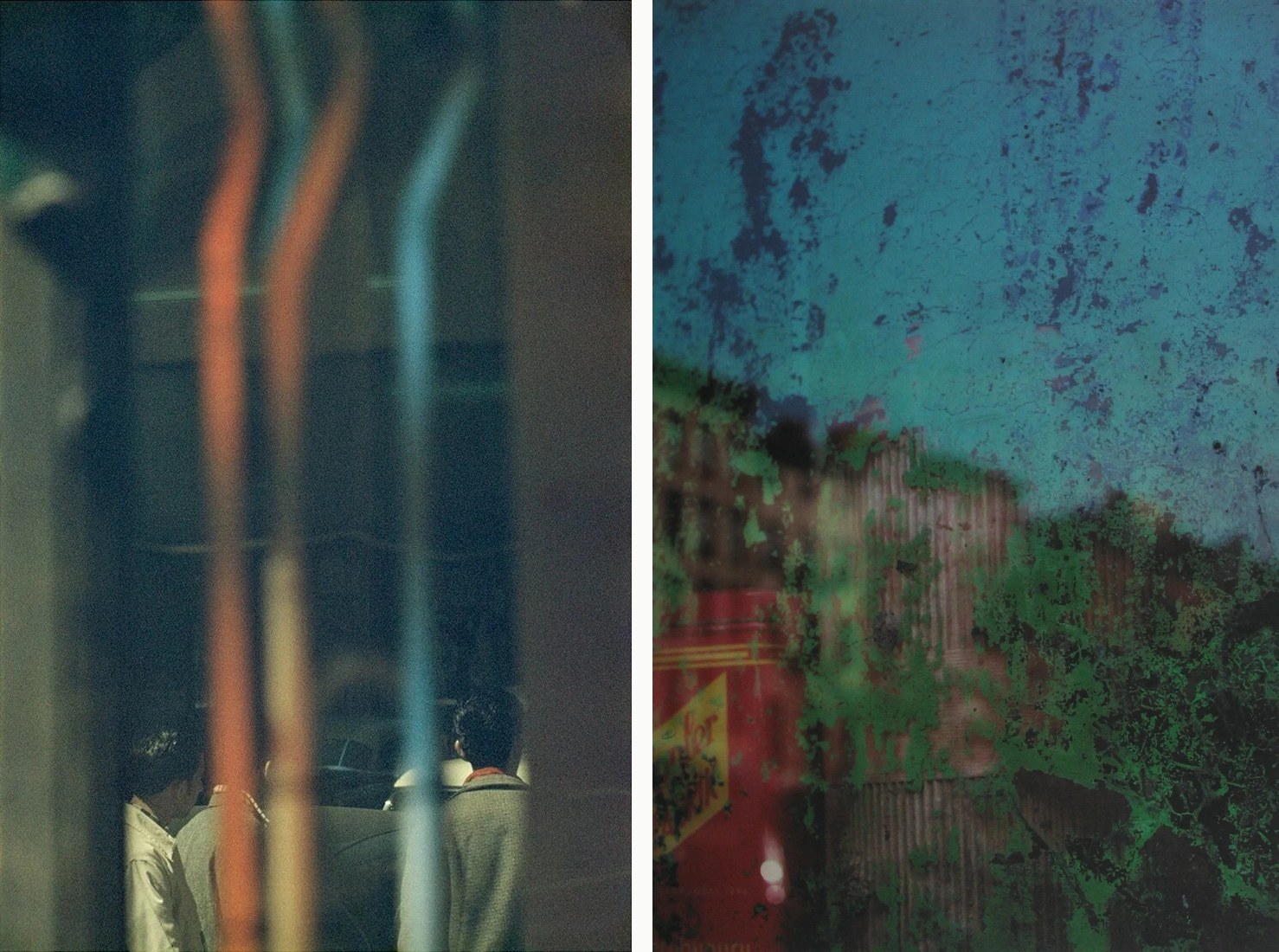 Two neon tubes, orange and blue, in a dark reflection with two men below; and a corroded teal window with a red sign and a corrugated wall behind it.