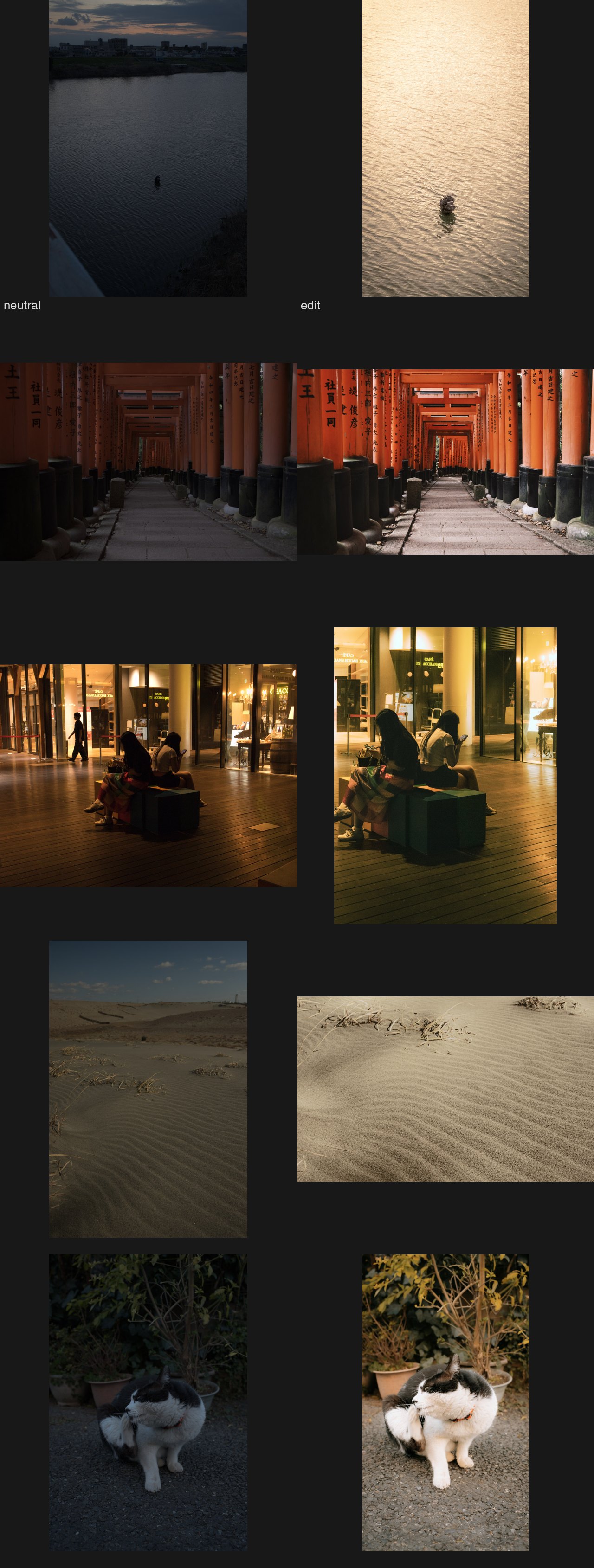 Five keys as plain version and edit: gold water, torii, café, sand, cat.